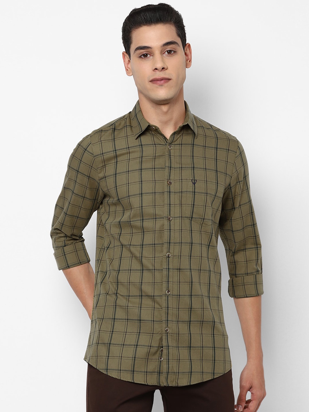 

Allen Solly Men Olive Green Slim Fit Opaque Checked Casual Shirt