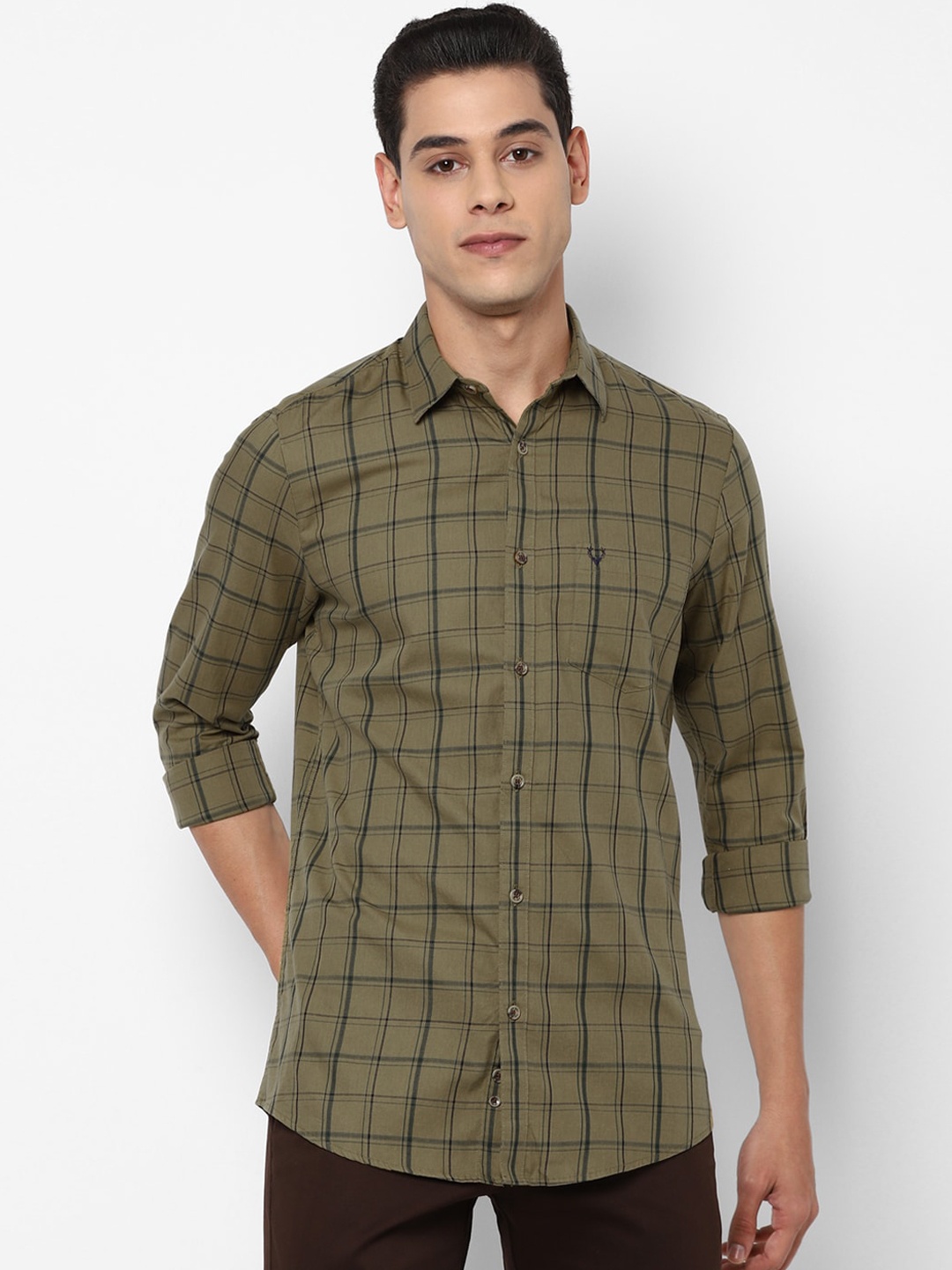 

Allen Solly Men Olive Green Slim Fit Opaque Checked Casual Shirt