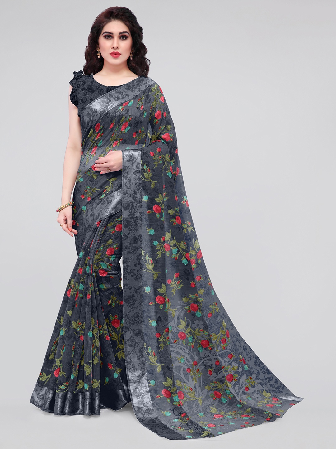 

KALINI Black & Red Floral Bagh Saree