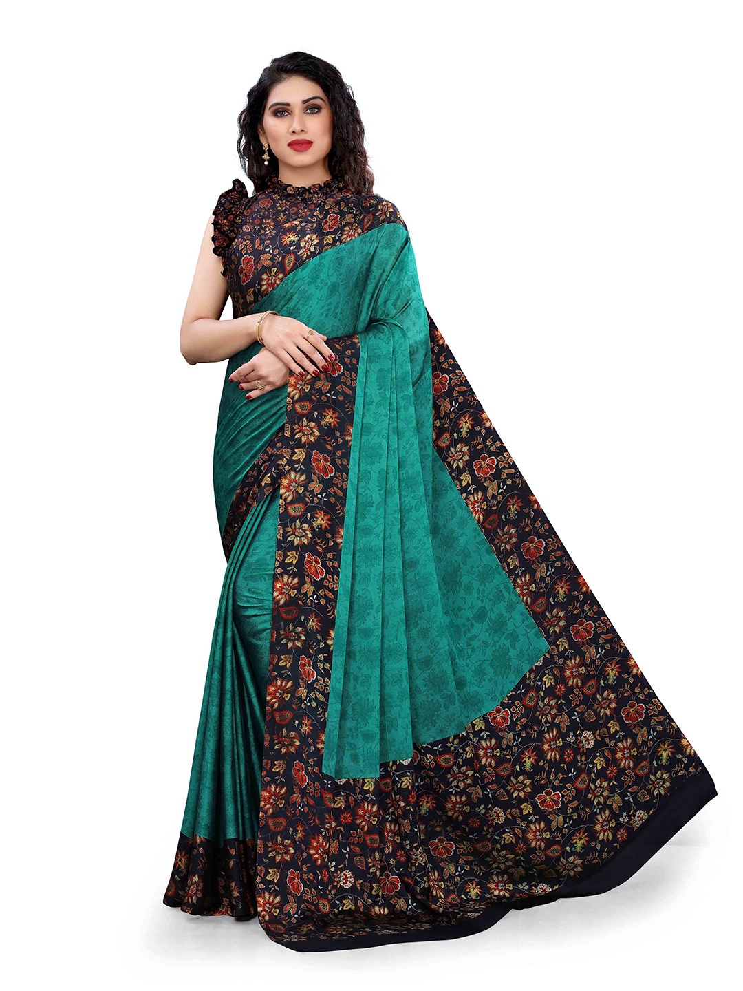 

KALINI Teal & Red Floral Bagh Saree