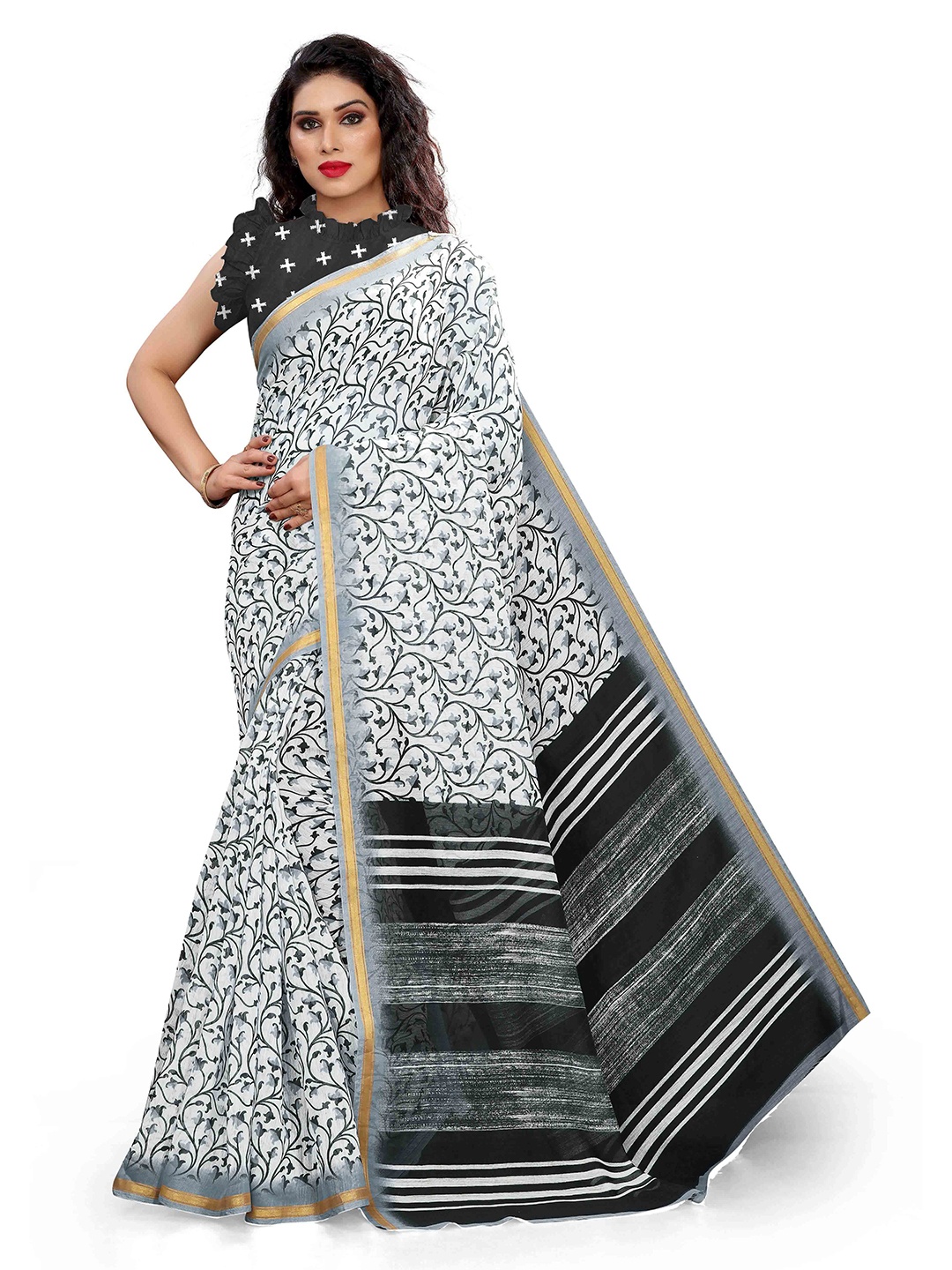 

KALINI White & Black Floral Zari Saree