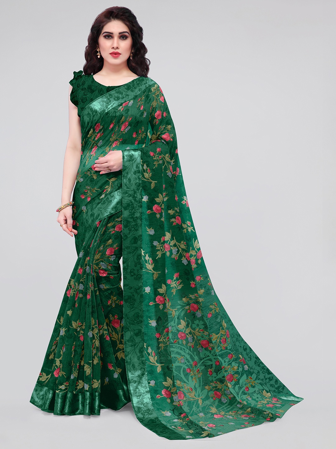

KALINI Green & Red Floral Bagh Saree