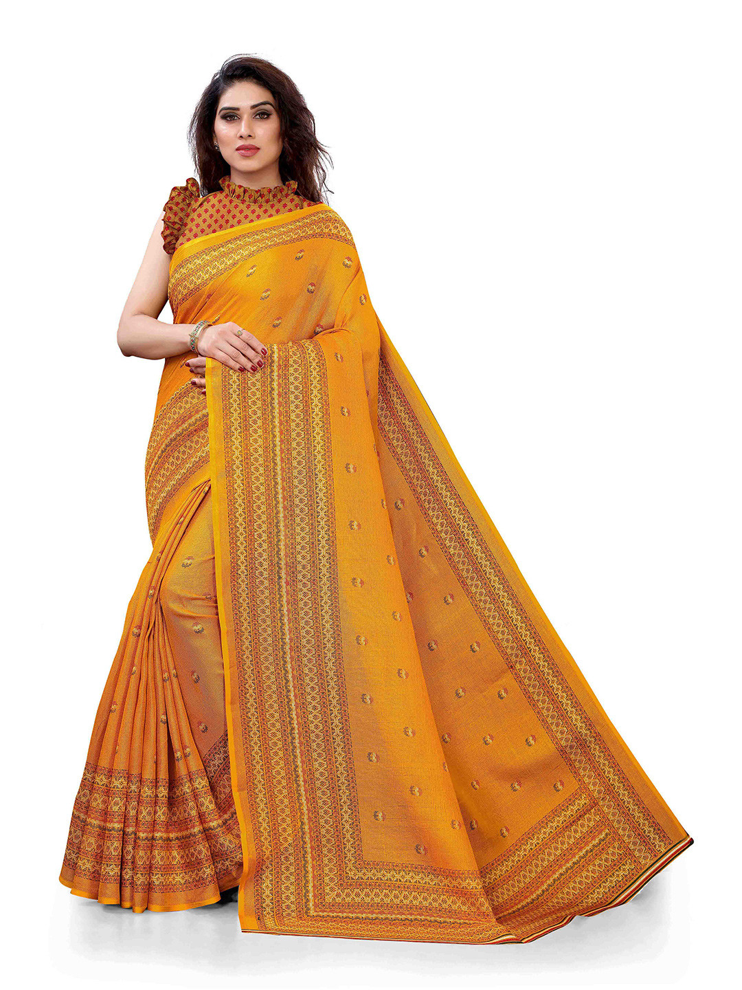 

KALINI Mustard & Red Jute Cotton Saree