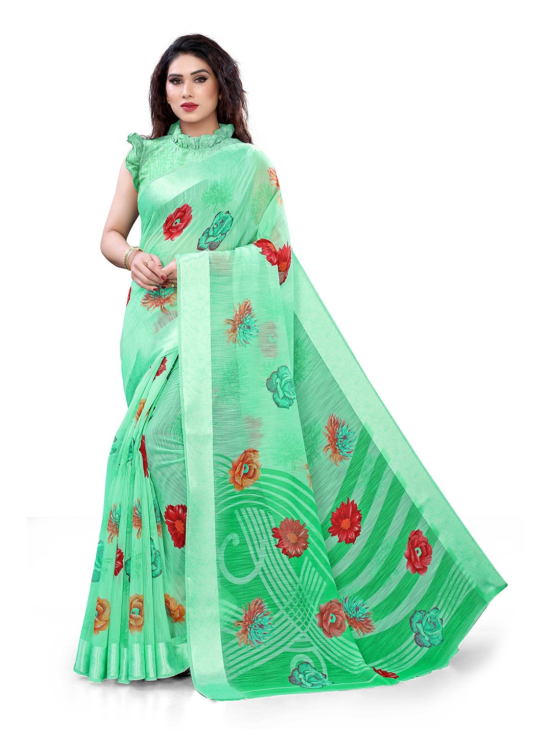 

KALINI Green & Red Floral Bagh Saree