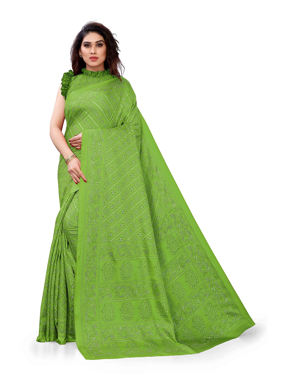 

KALINI Green & White Floral Silk Blend Saree