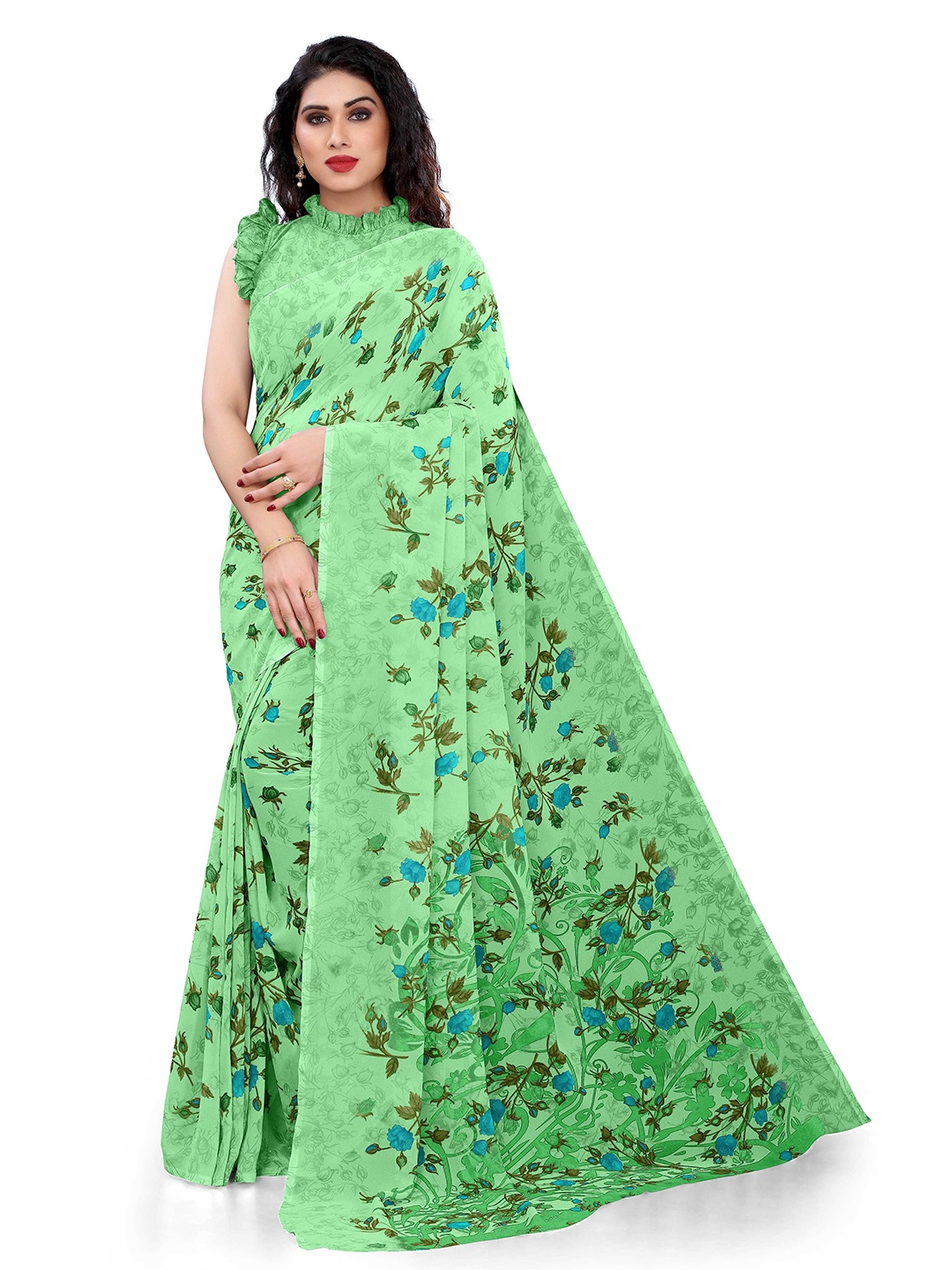 

KALINI Green & Blue Floral Printed Bagh Saree