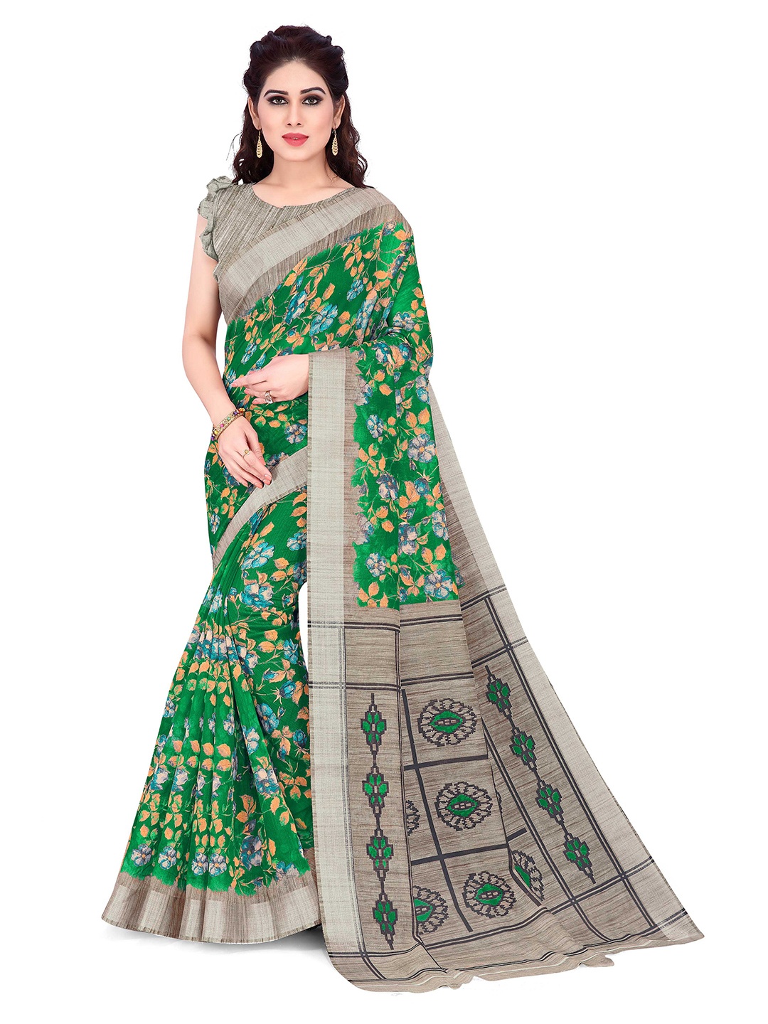 

KALINI Green & Beige Floral Printed Bagh Saree