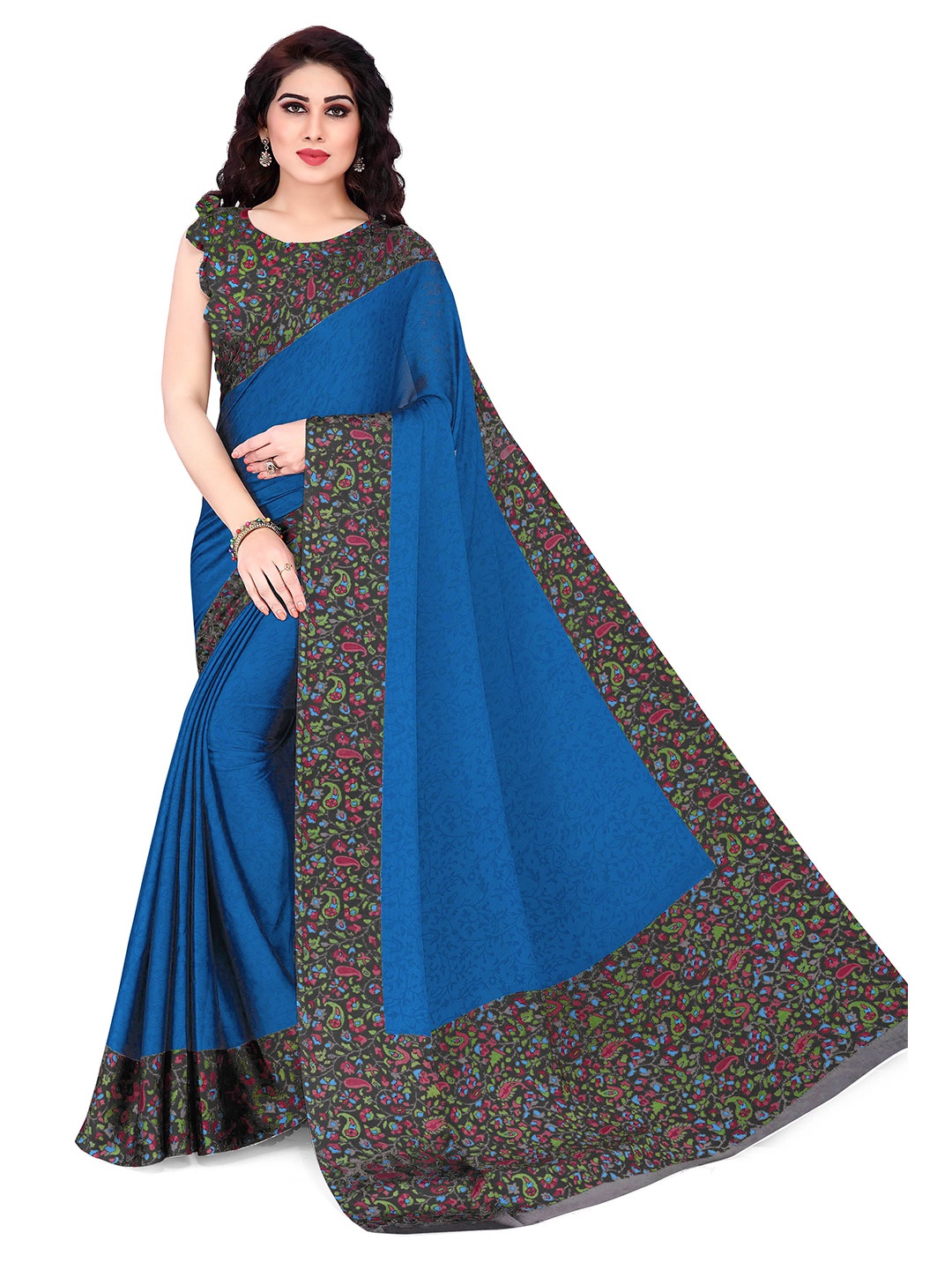 

KALINI Blue & Black Floral Printed Bagh Saree