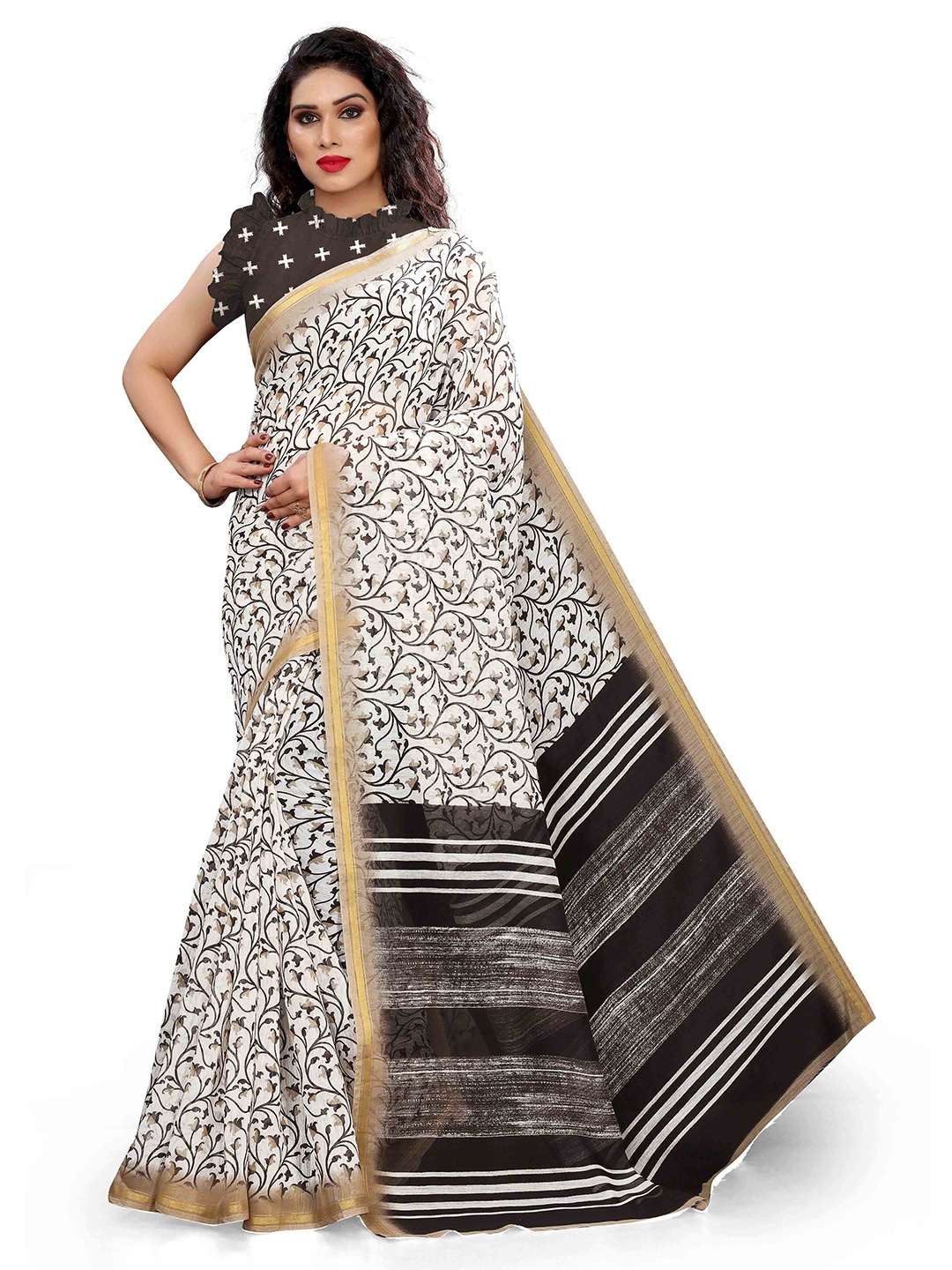 

KALINI White & Black Floral Printed Saree