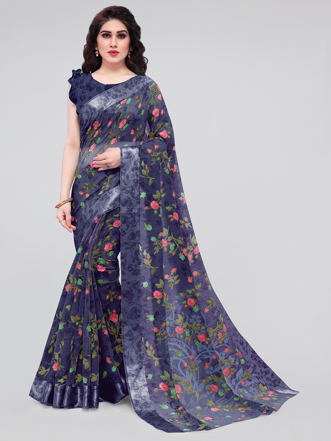 

KALINI Navy Blue & Pink Floral Printed Bagh Saree