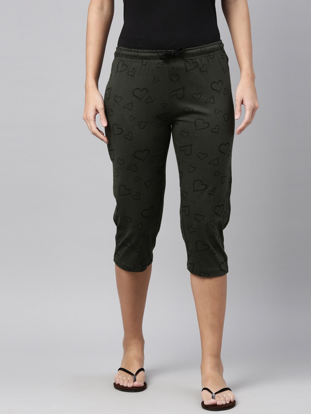 

Kryptic Women Olive Green & Black Pure Cotton Printed Capris