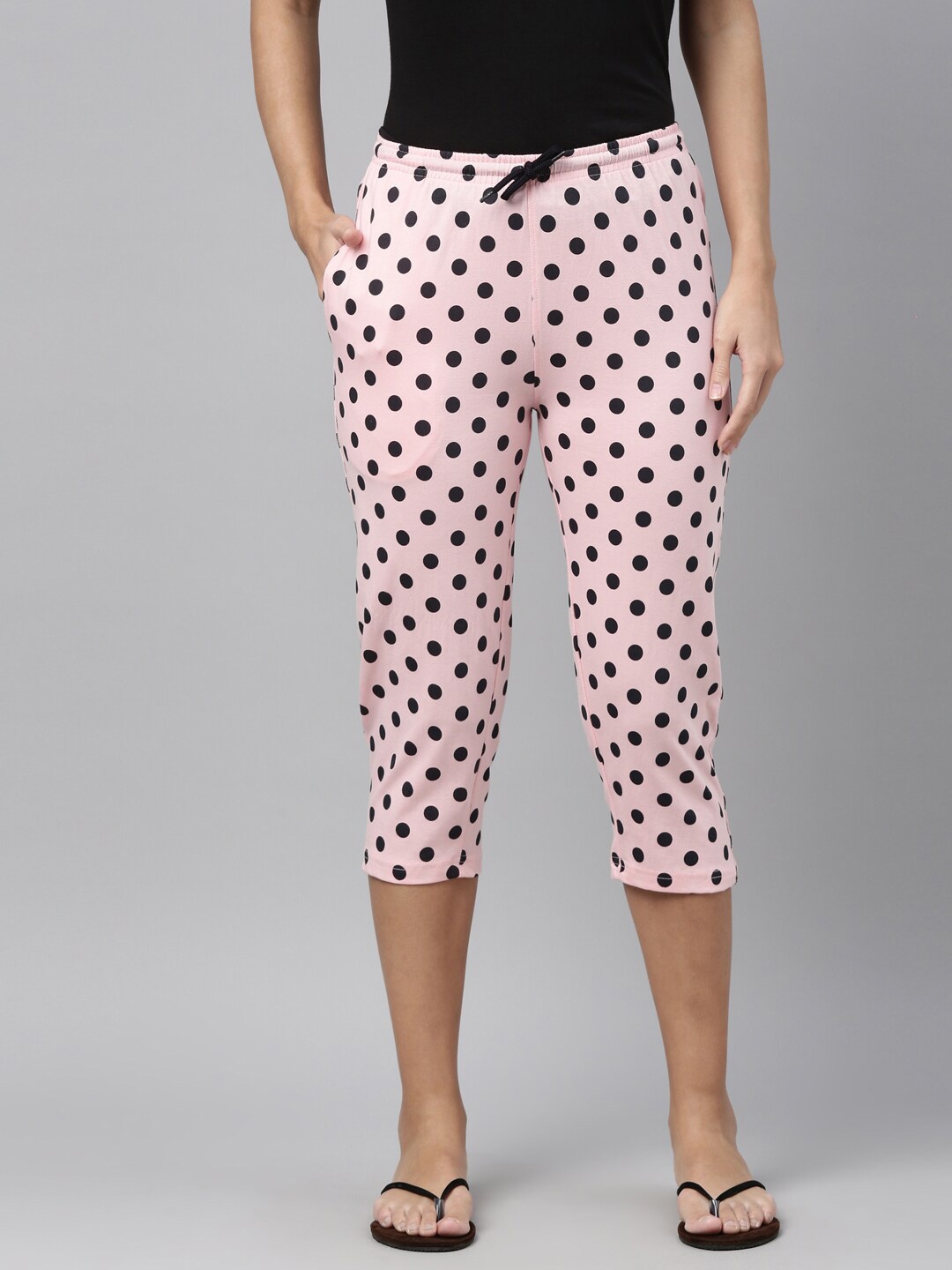 

Kryptic Women Pink & Black Polka Dots Printed Mid-Rise Pure Cotton Capris