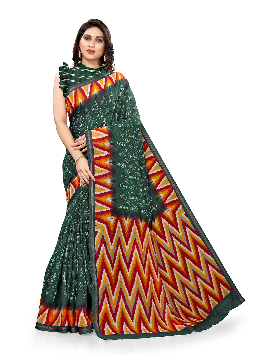 

KALINI Green & Red Warli Printed Saree