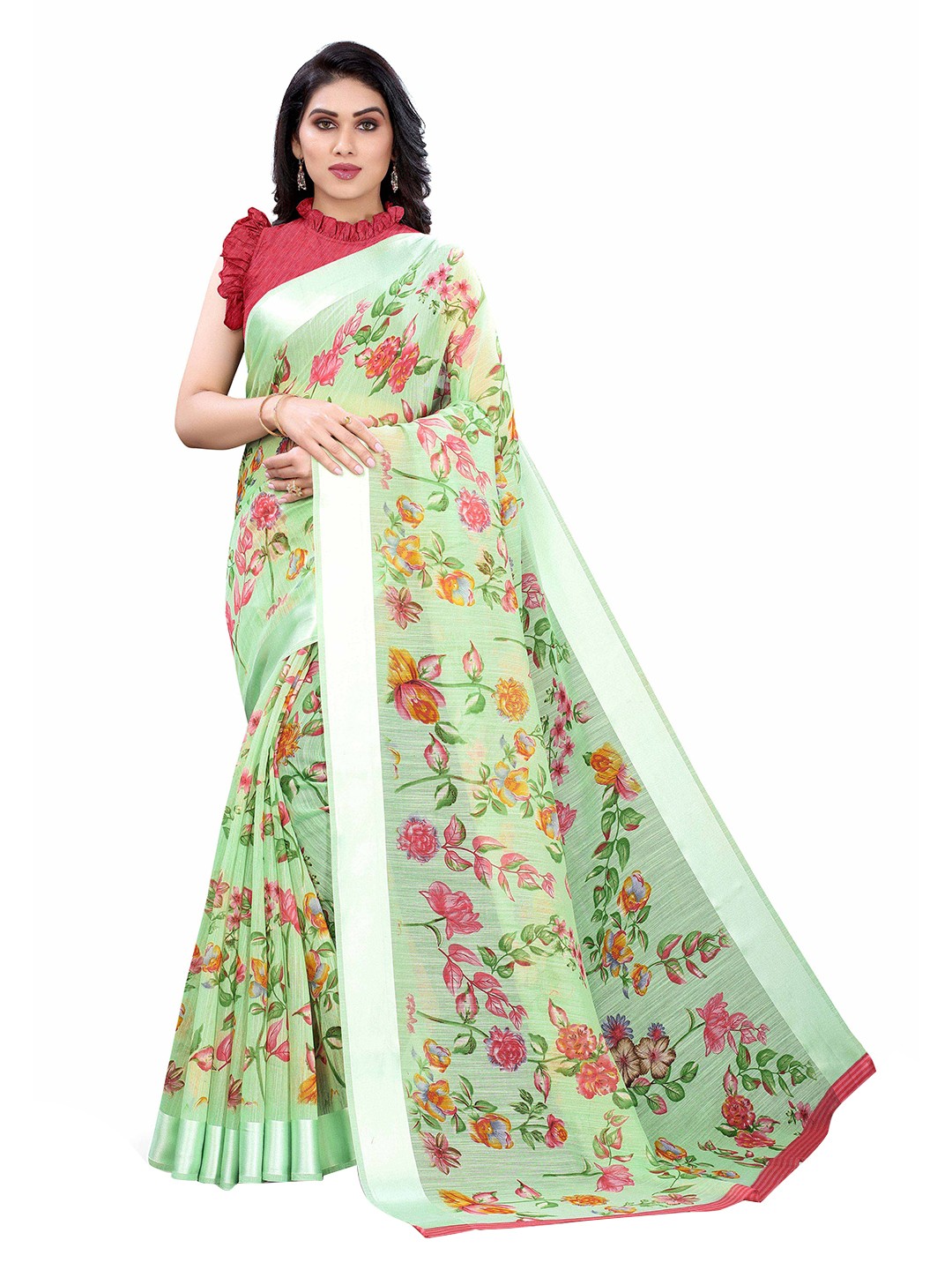 

KALINI Green & Rose Floral Printed Bagh Saree