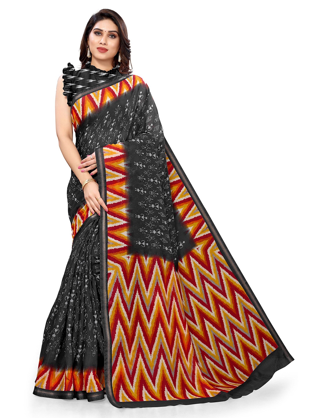 

KALINI Black & Red Warli Printed Zari Saree