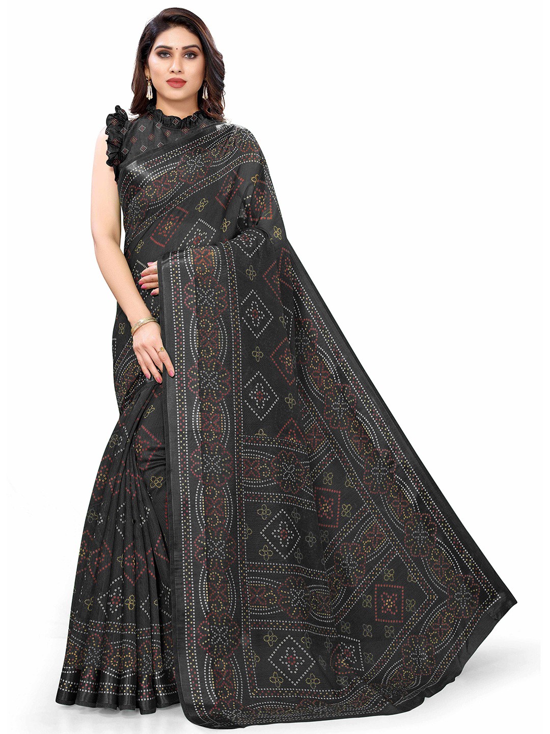 

KALINI Black & Red Printed Bandhani Saree
