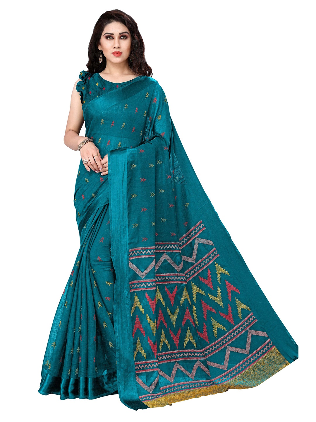 

KALINI Turquoise Blue & Red Printed Saree