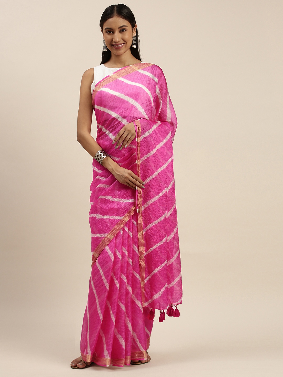 

Geroo Jaipur Pink Leheriya Silk Blend Leheriya Saree