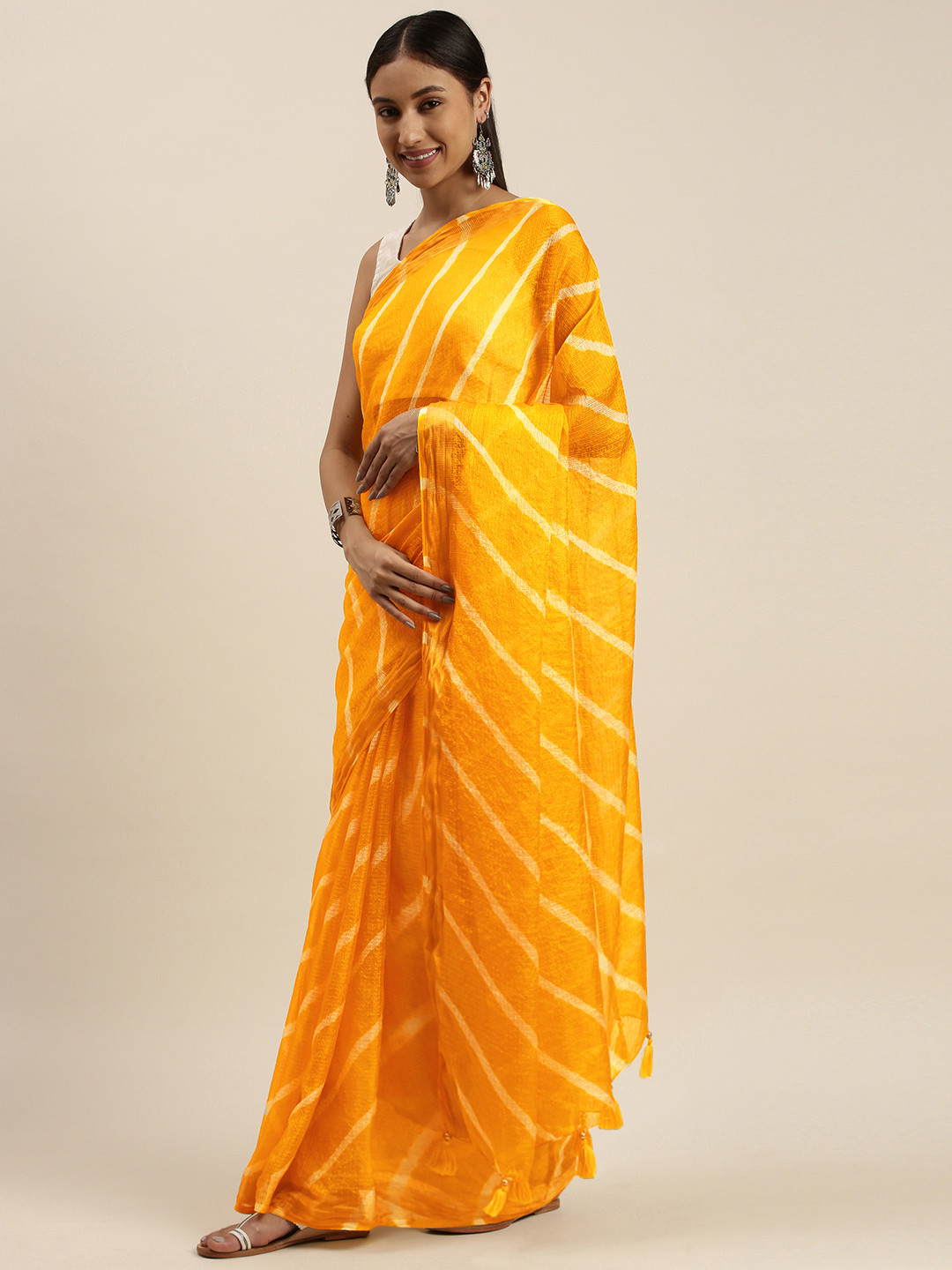 

Mitera Yellow Leheriya Silk Blend Leheriya Saree