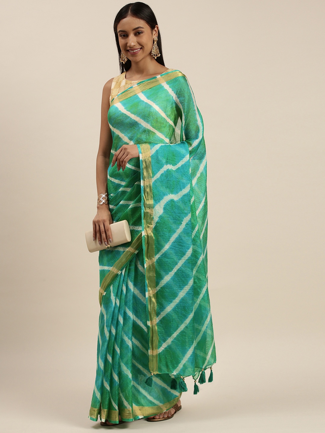 

Mitera Green Leheriya Silk Blend Leheriya Saree