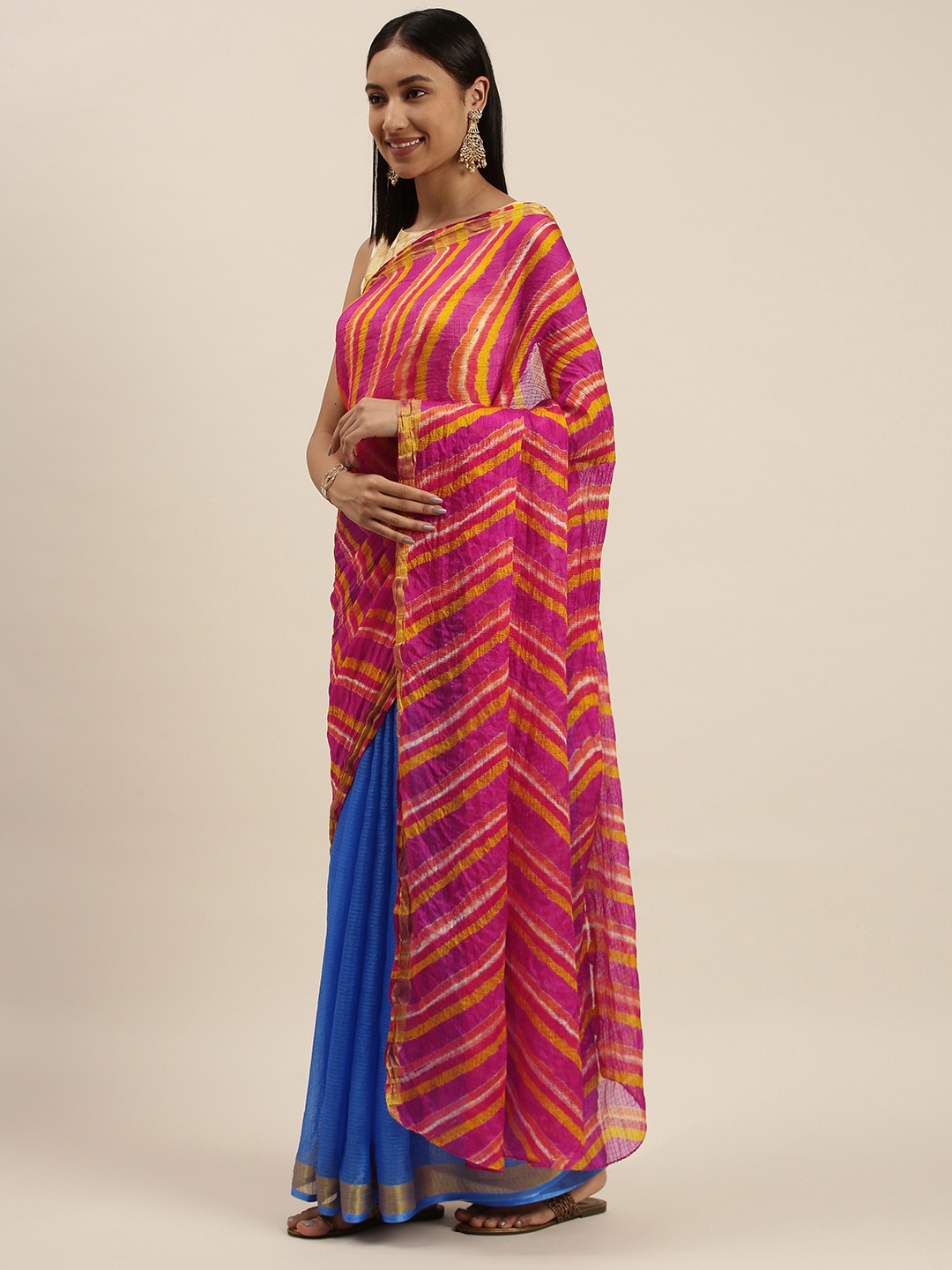 

Geroo Jaipur Blue & Red Leheriya Silk Blend Half and Half Leheriya Saree