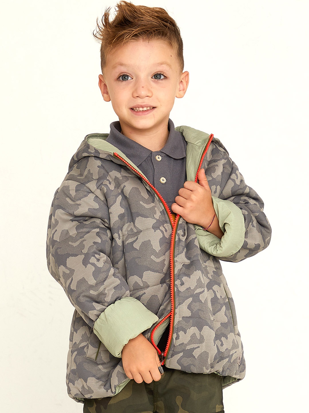 

Cherry Crumble Boys Grey Camouflage Lightweight Reversible Padded Jacket
