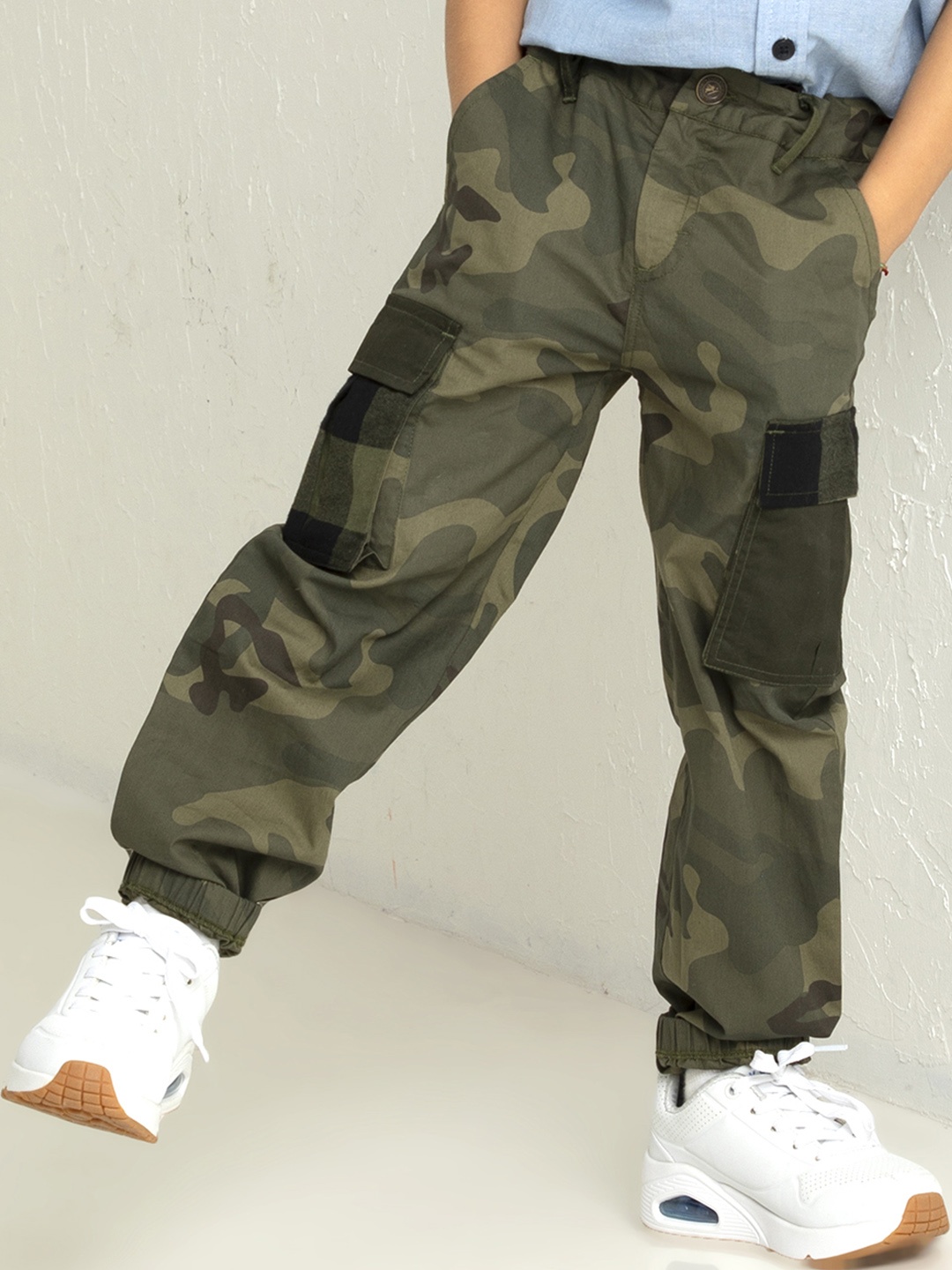 

Cherry Crumble Boys Green Camouflage Printed Relaxed Easy Wash Joggers Trousers