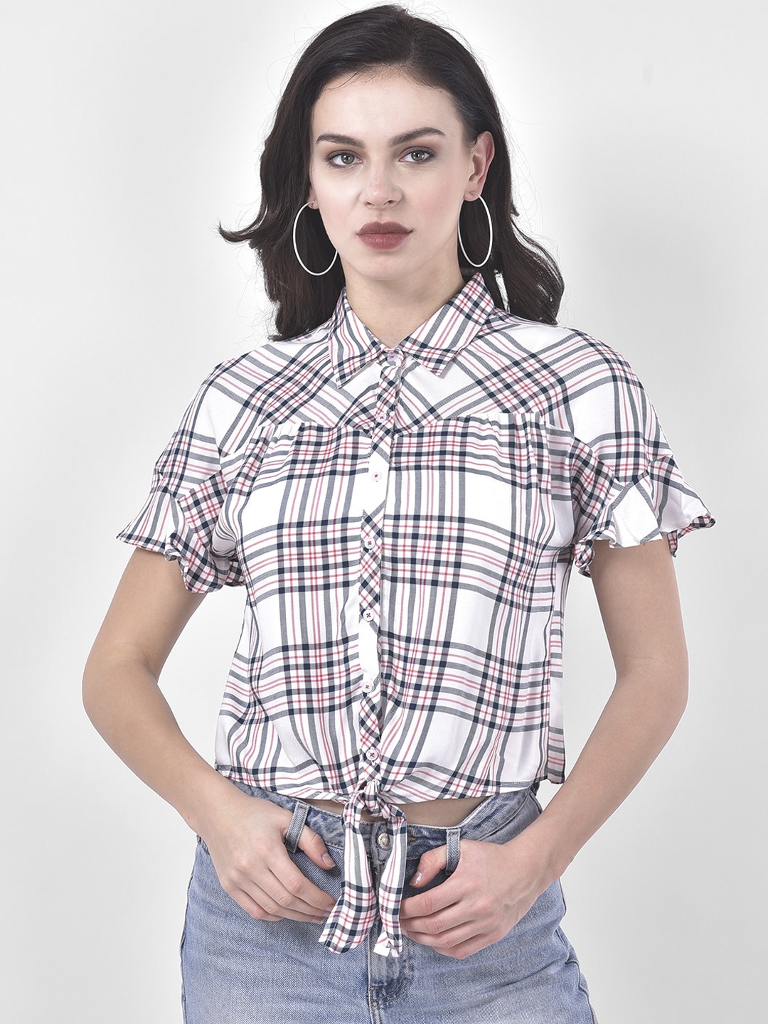 

Latin Quarters Women White Tartan Checks Opaque Checked Casual Shirt