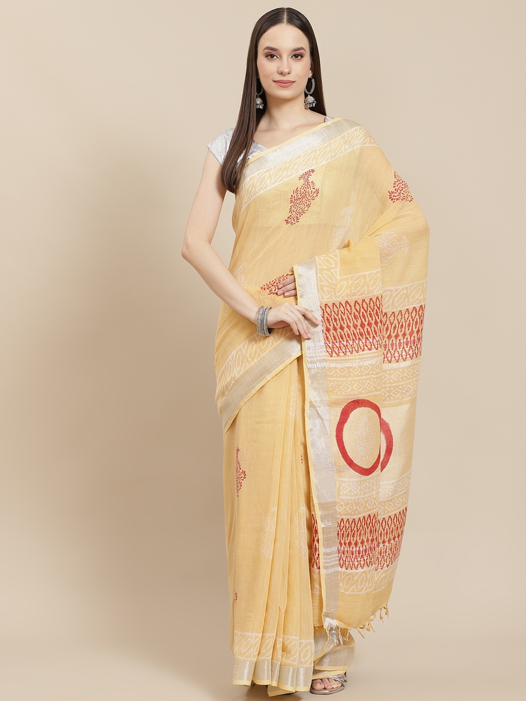 

InWeave Yellow & Red Floral Pure Linen Block Print Saree