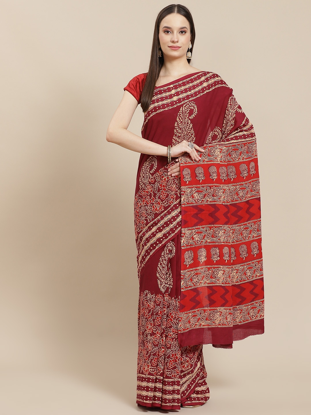 

InWeave Red & Beige Floral Zardozi Pure Cotton Block Print Saree