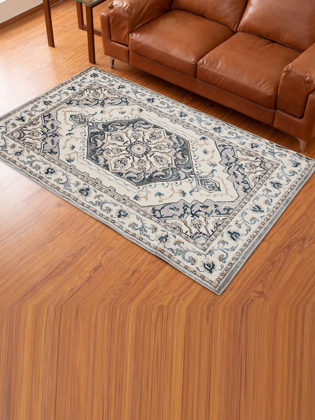 

Home Centre Off-White & Blue Geometric Printed Jacquard Woven Anti-Skid Carpet
