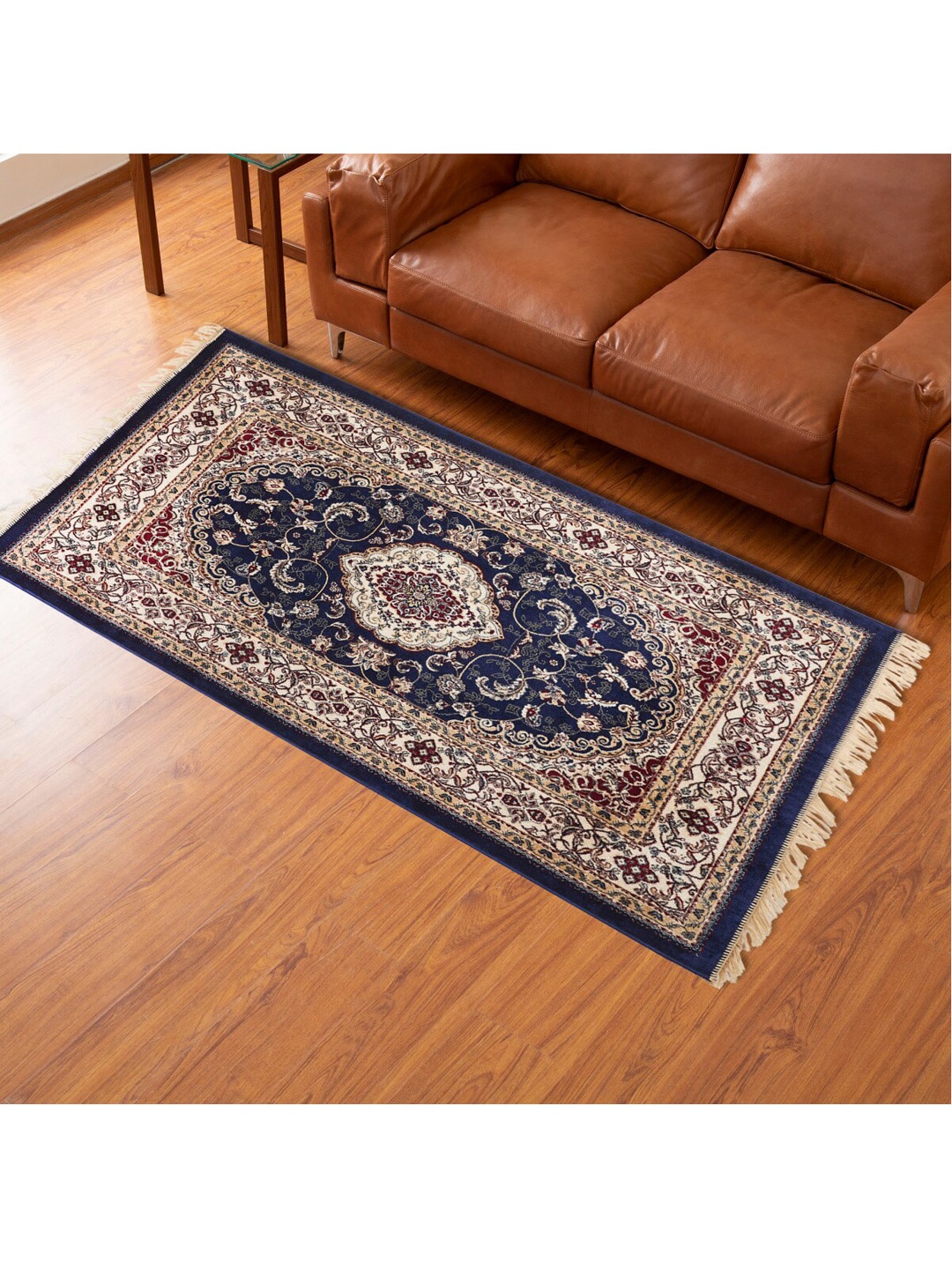

Home Centre Off-White & Navy Blue Geometric Printed Woven Anti-Skid Carpet