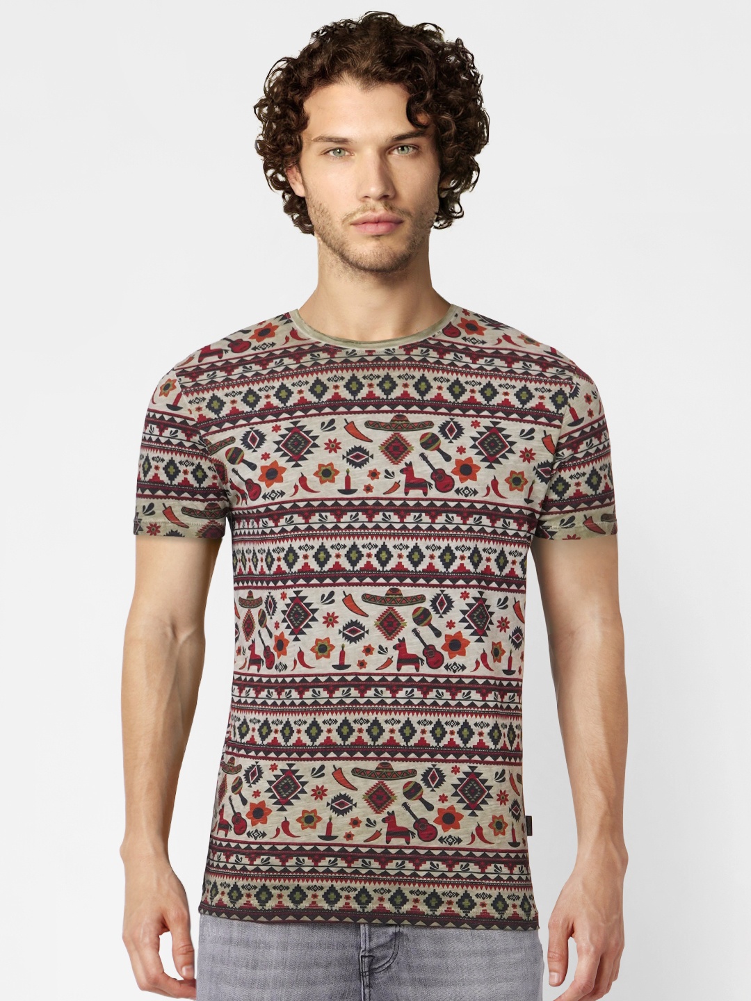 

Jack & Jones Men Grey & Brown Tribal Printed Slim Fit T-shirt