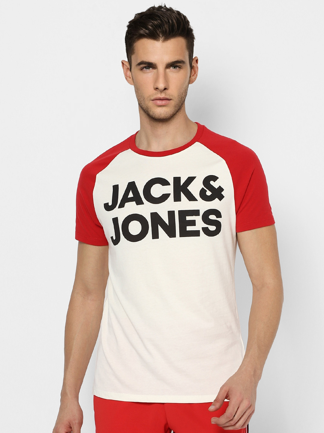 

Jack & Jones Men Off White Brand Logo Printed Slim Fit Raglan Sleeves T-shirt