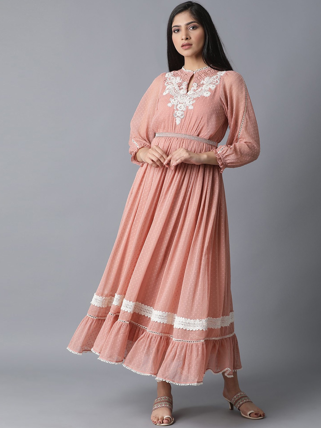 

WISHFUL Peach-Coloured & White Floral Embroidered Maxi Dress