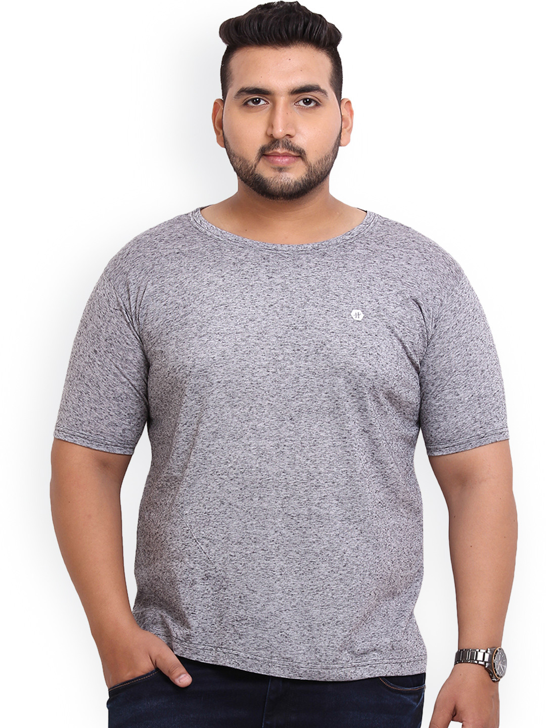 

John Pride Plus Size Men Grey Melange Solid Round Neck Smart Fit T-shirt
