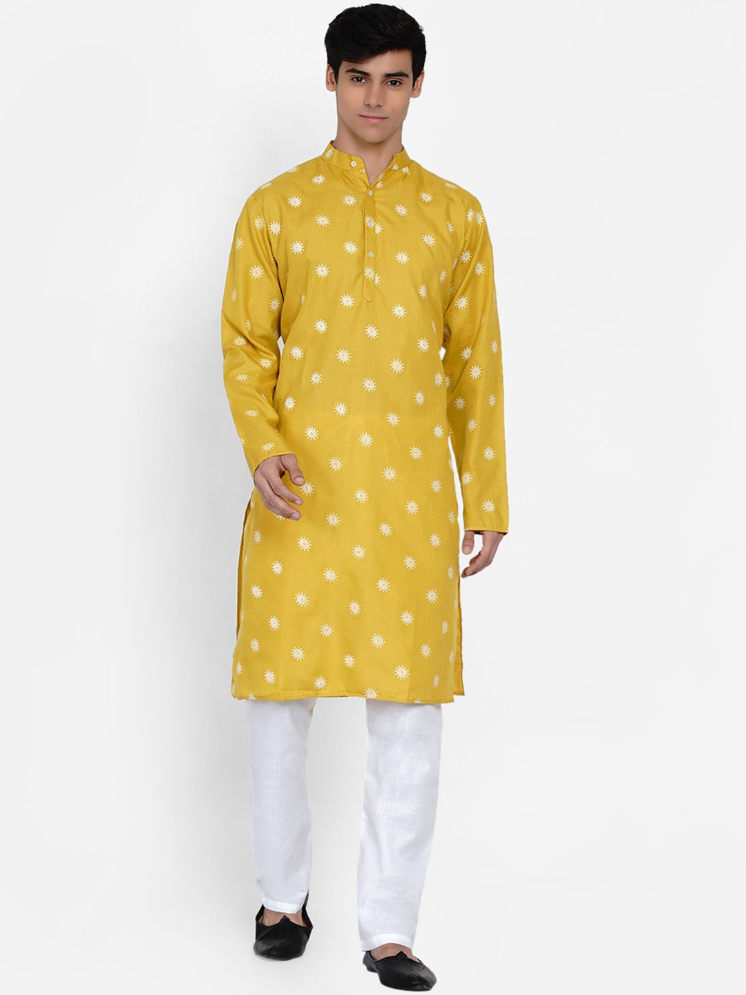

Baawara By Bhama Men Mustard Yellow Embroidered Angrakha Kurta with Pyjamas