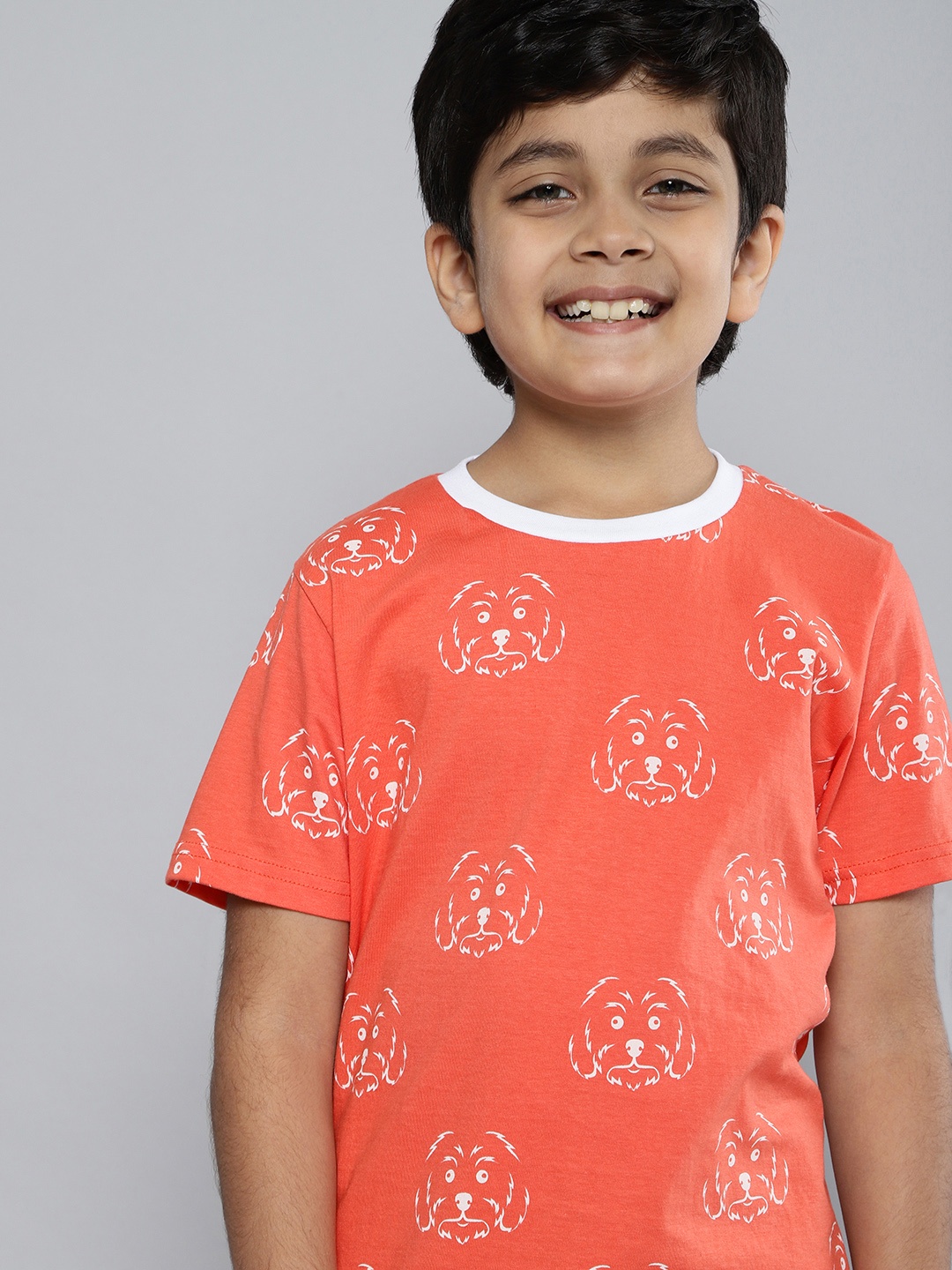 

HERE&NOW Boys Orange & White Animal Printed Round Neck Regular Pure Cotton T-shirt