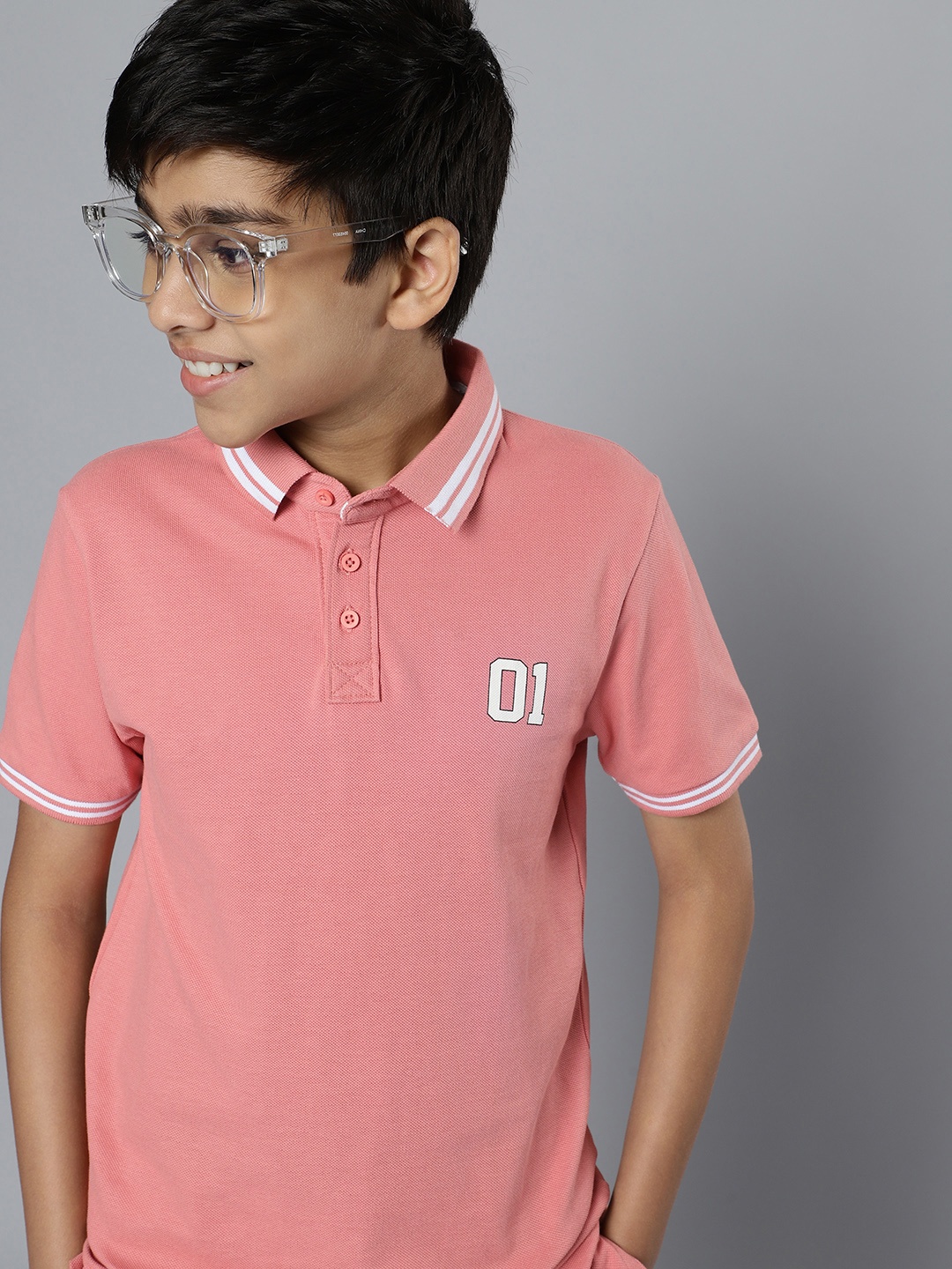 

HERE&NOW Boys Pink Polo Collar Pure Cotton T-shirt