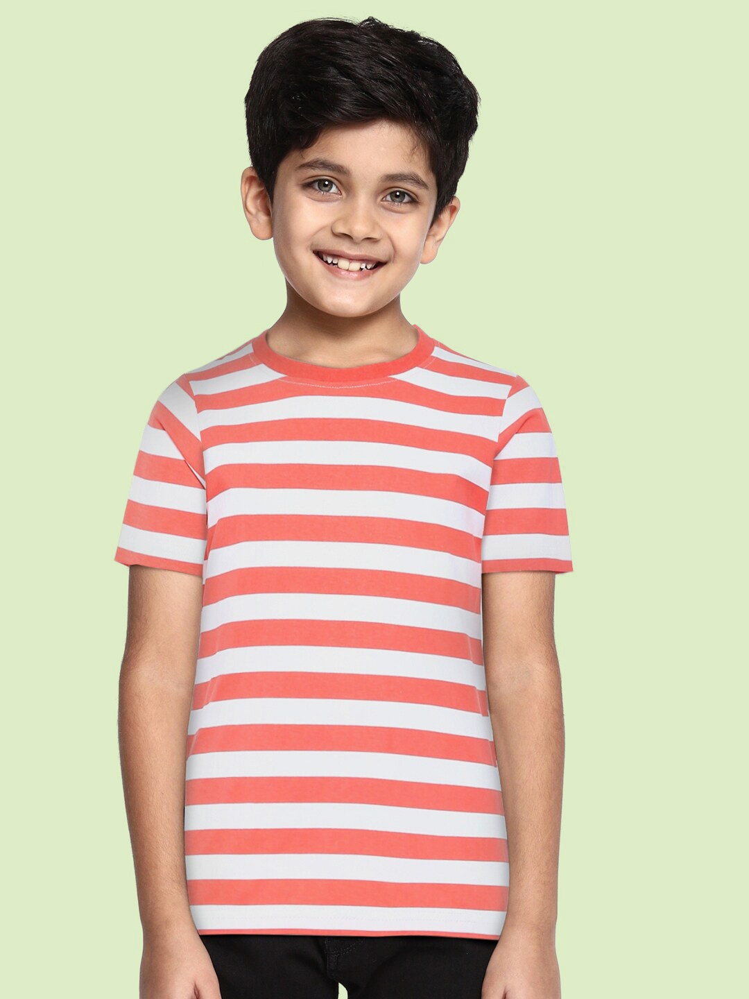 

HERE&NOW Boys Orange & White Pure Cotton Striped T-shirt