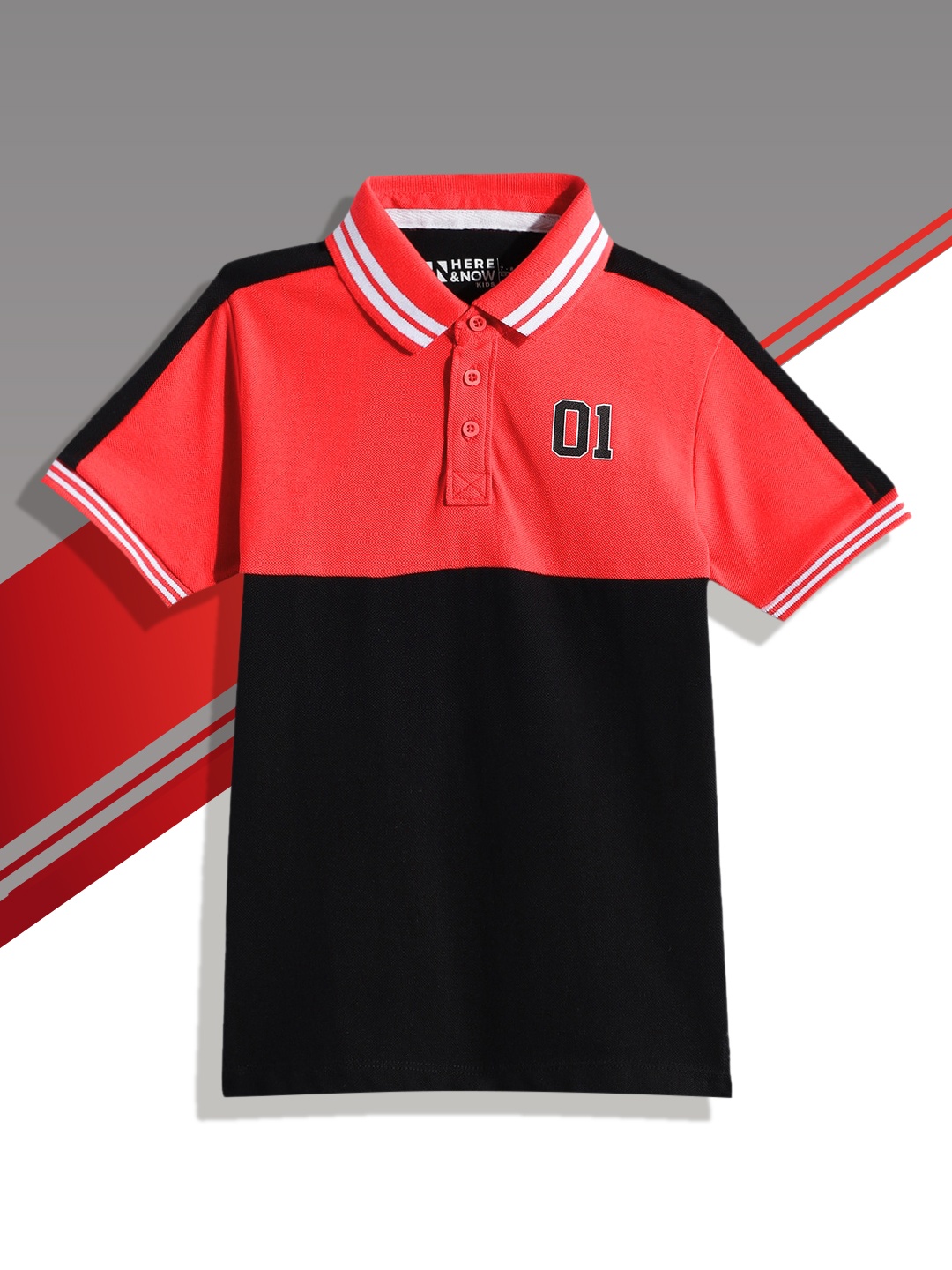 

HERE&NOW Boys Red & Black Colourblocked Polo Collar Pure Cotton T-shirt