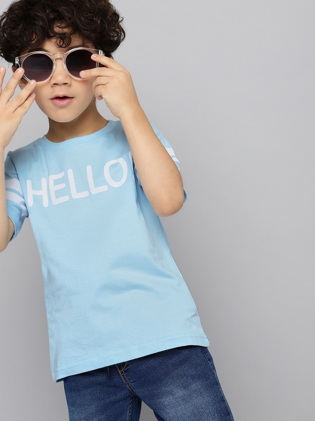HERE&NOW Boys Blue & White Typography Printed Pure Cotton T-shirt