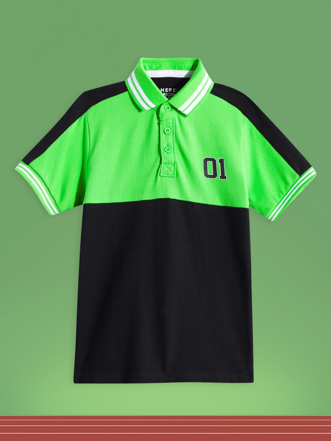 

HERE&NOW Boys Green & Black Colourblocked Pure Cotton Polo Collar T-shirt