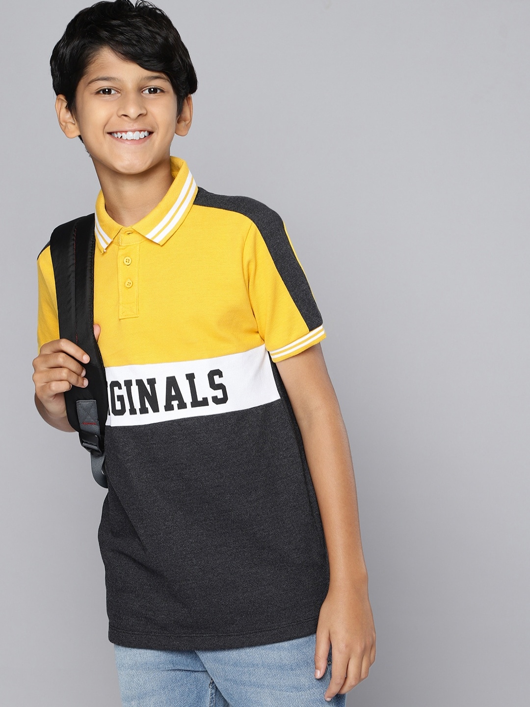 

HERE&NOW Boys Yellow & Black Typography Printed Polo Collar T-shirt