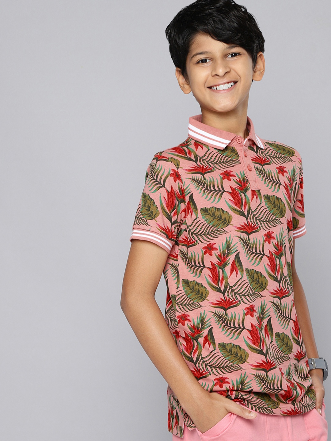 

HERE&NOW Boys Pink Floral Printed Polo Collar T-shirt