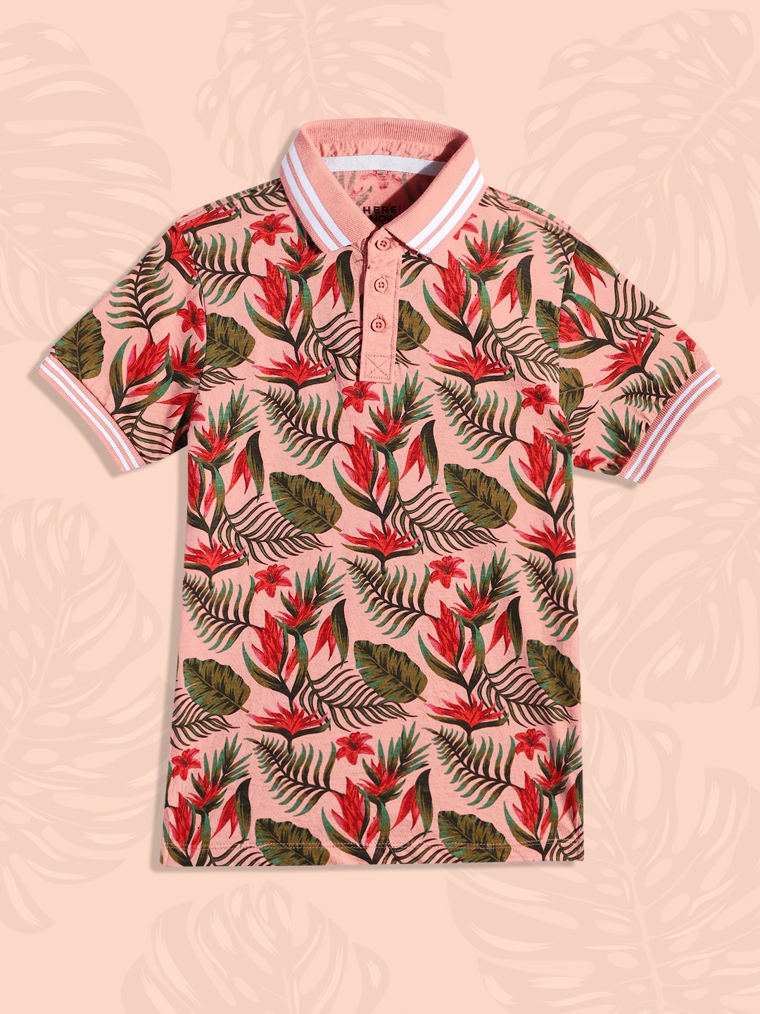 

HERE&NOW Boys Pink Tropical Pure Cotton Polo Collar T-shirt