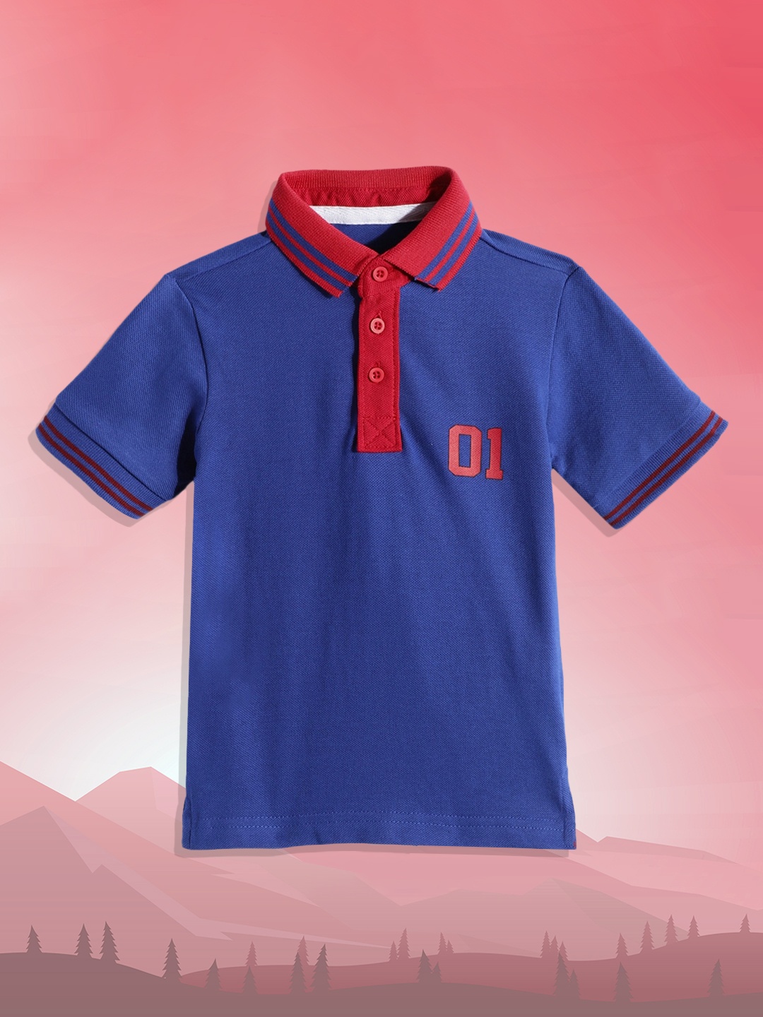 

HERE&NOW Boys Navy Blue & Red Striped Polo Collar Pure Cotton T-shirt