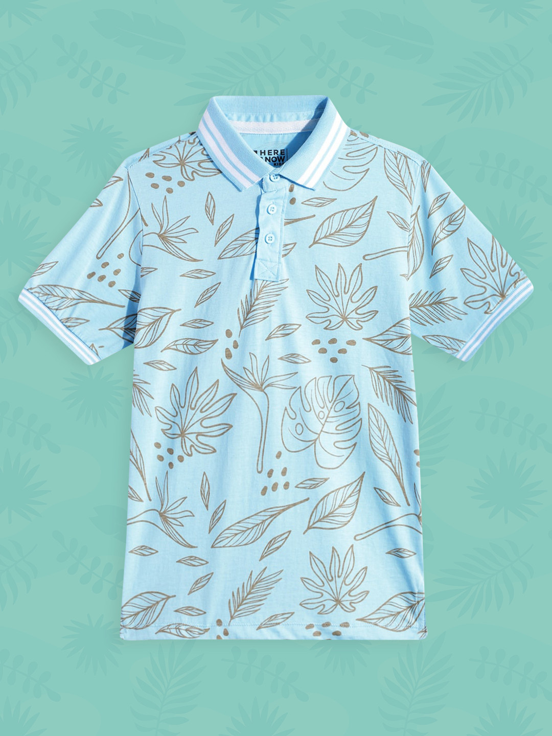 

HERE&NOW Boys Blue Tropical Polo Collar Pure Cotton T-shirt