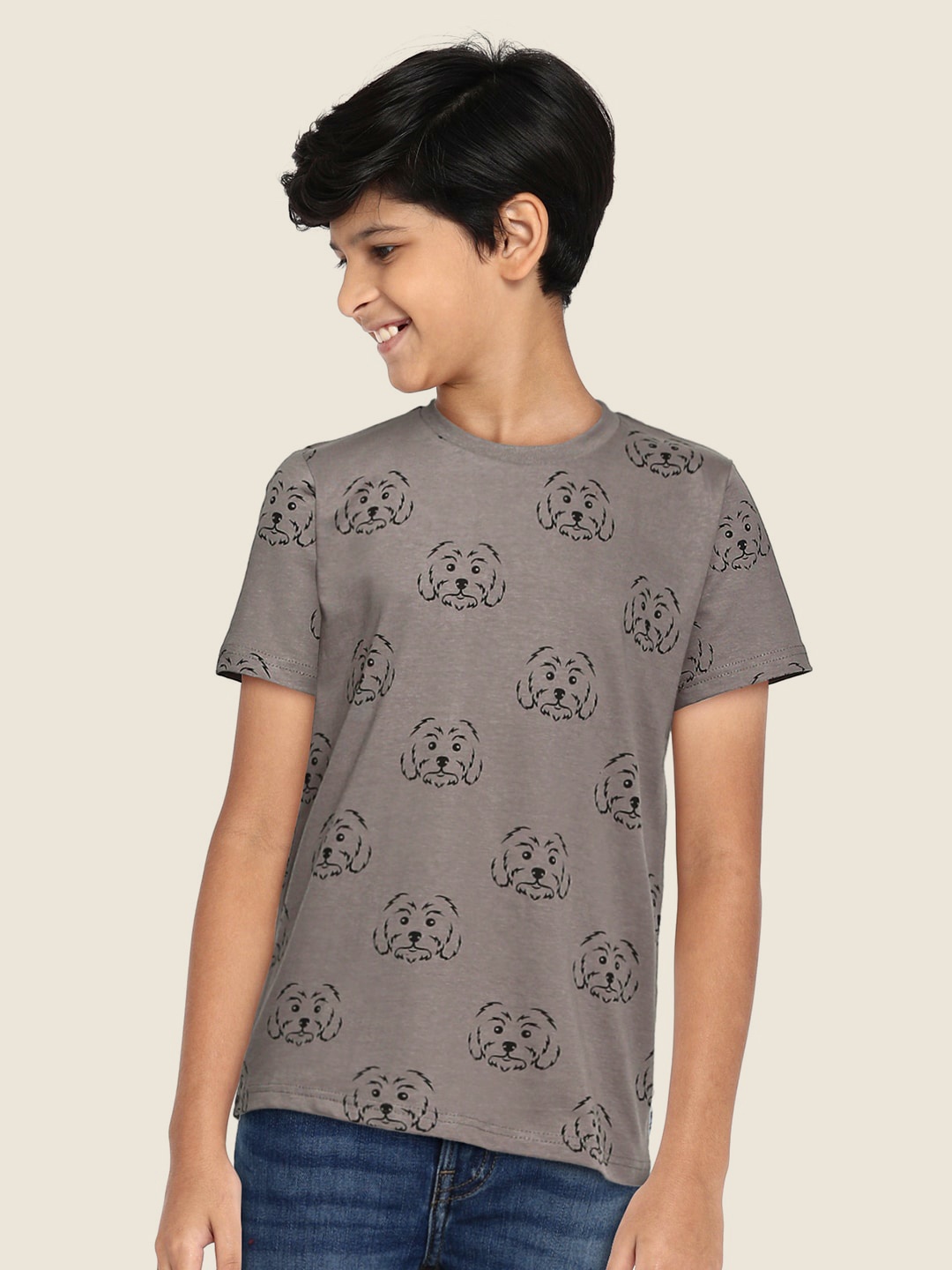 

HERE&NOW Boys Charcoal Grey Conversational Printed Pure Cotton T-shirt