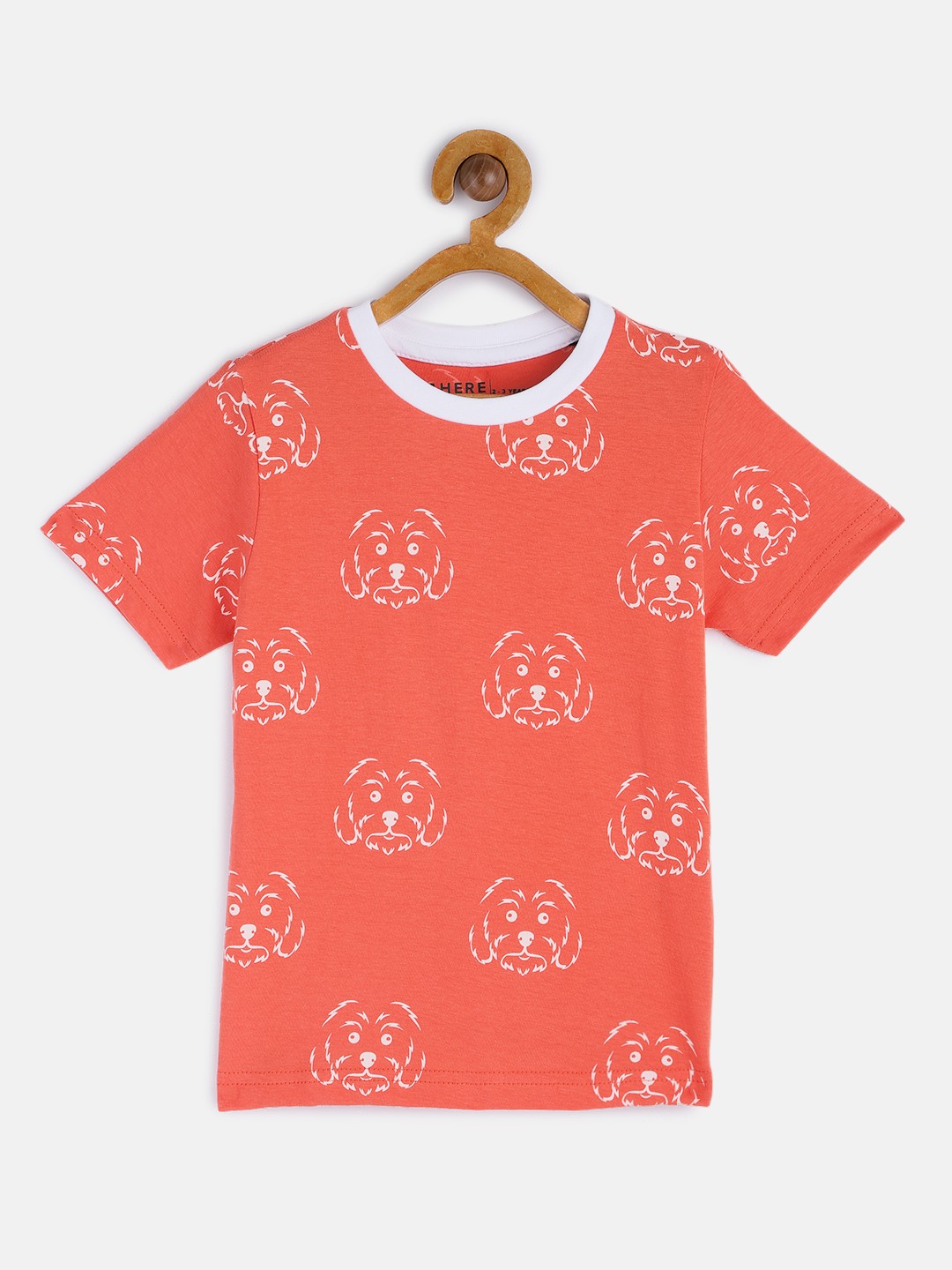 

HERE&NOW Boys Orange & White Animal Printed Round Neck Regular Pure Cotton T-shirt